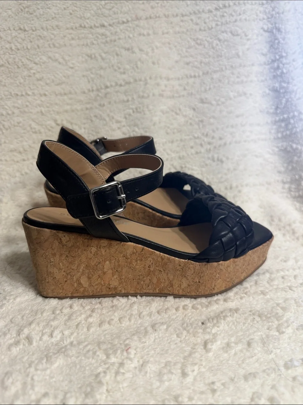 Sun + Stone Black Braided Cork Wedge Sandals